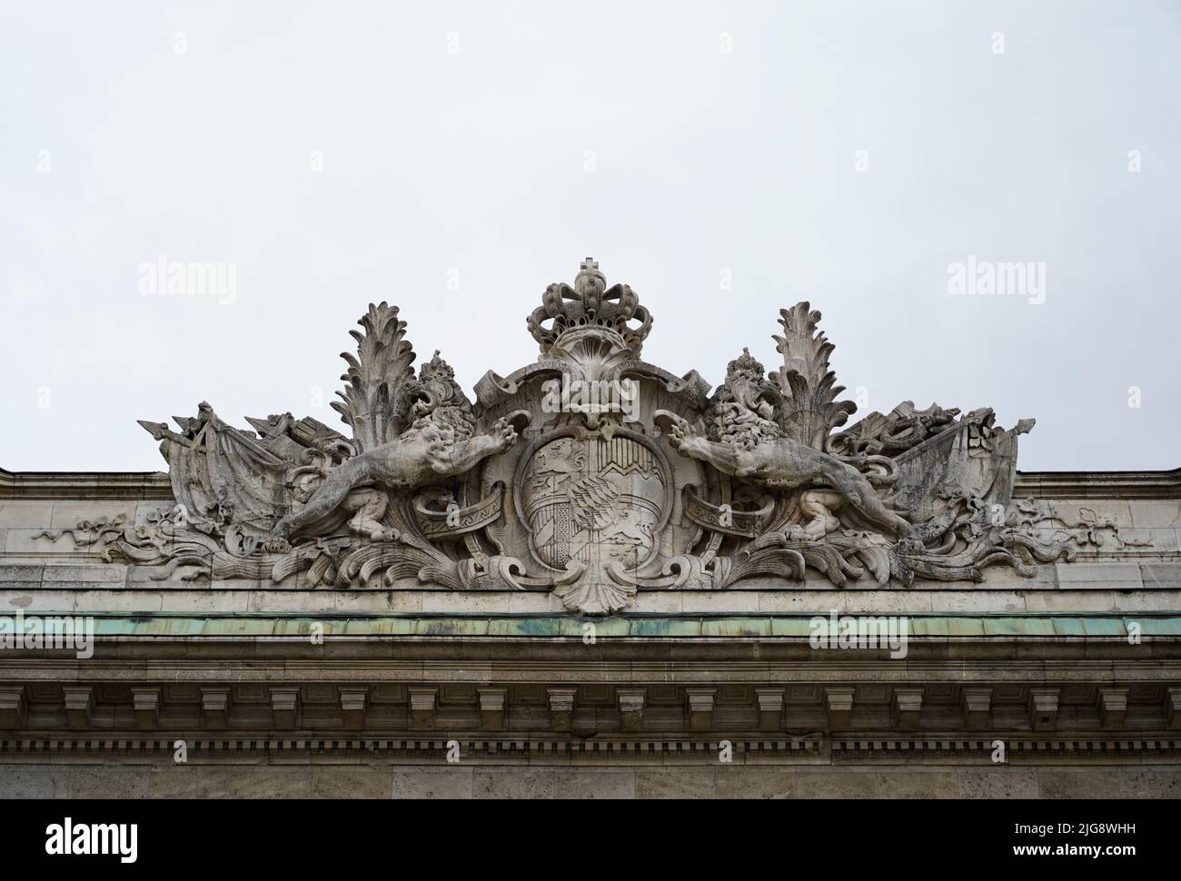 Germany, Bavaria, Munich, Palace of Justice, facade, stone Bavarian coat of arms, relief, detail Stock Photo