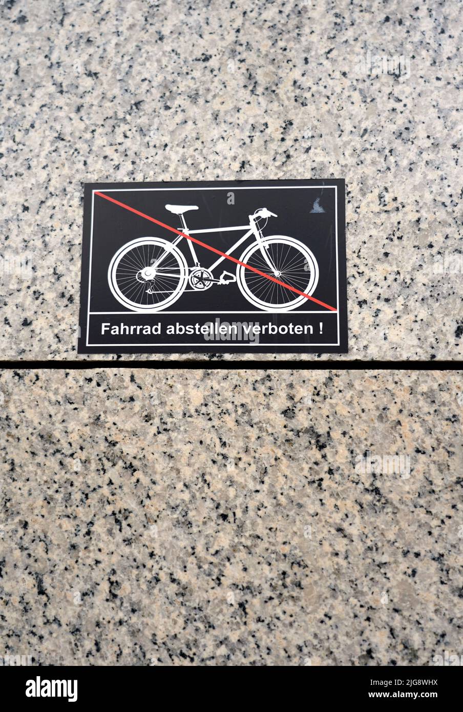 Germany, Bavaria, Munich, building, prohibition sign, bicycle parking prohibited, marble cladding of a business building Stock Photo