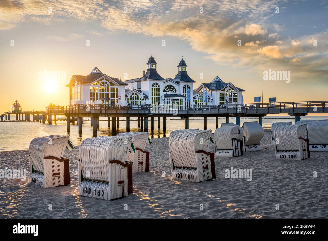 Sunrise at the Sellin Pier on the Rügen island, Germany Stock Photo