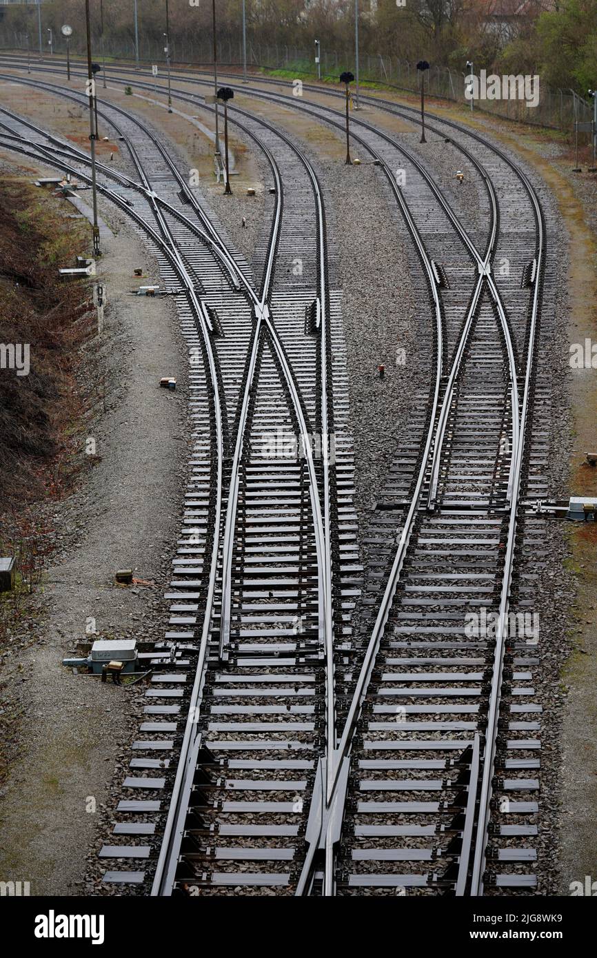 Germany, Bavaria, Burghausen, Deutsche Bahn, track system, shunting area, switches Stock Photo