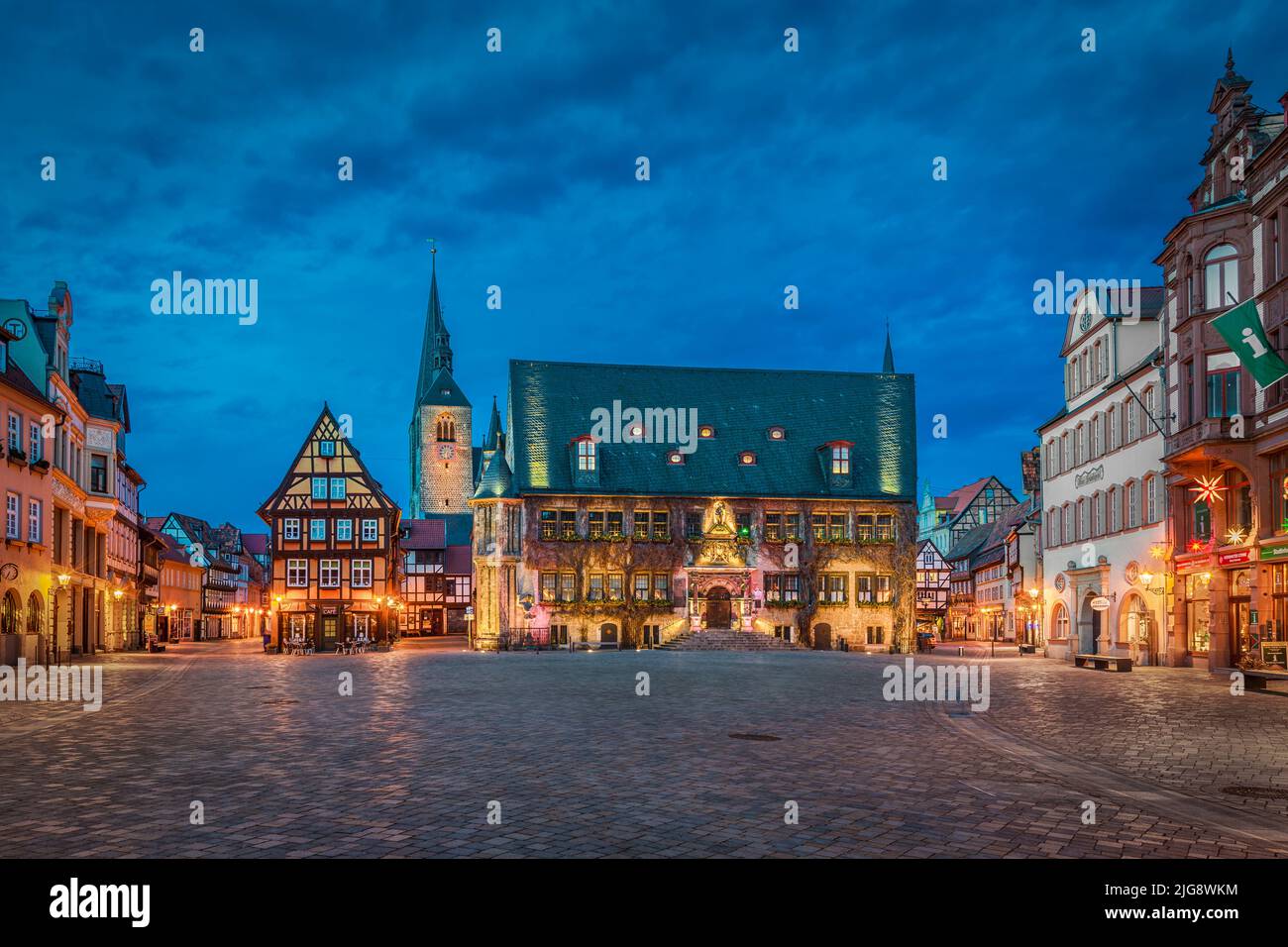 Old town of Quedlinburg by night, Saxony-Anhalt, Germany Stock Photo