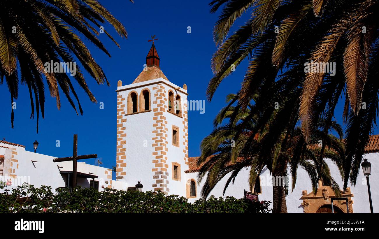 Spain, Canary Islands, Fuerteventura, Betancuria, Old Capital, Old Town, steeple of the church Iglesia de Santa Maria de Betancuria, palm trees in the foreground, blue cloudless sky Stock Photo