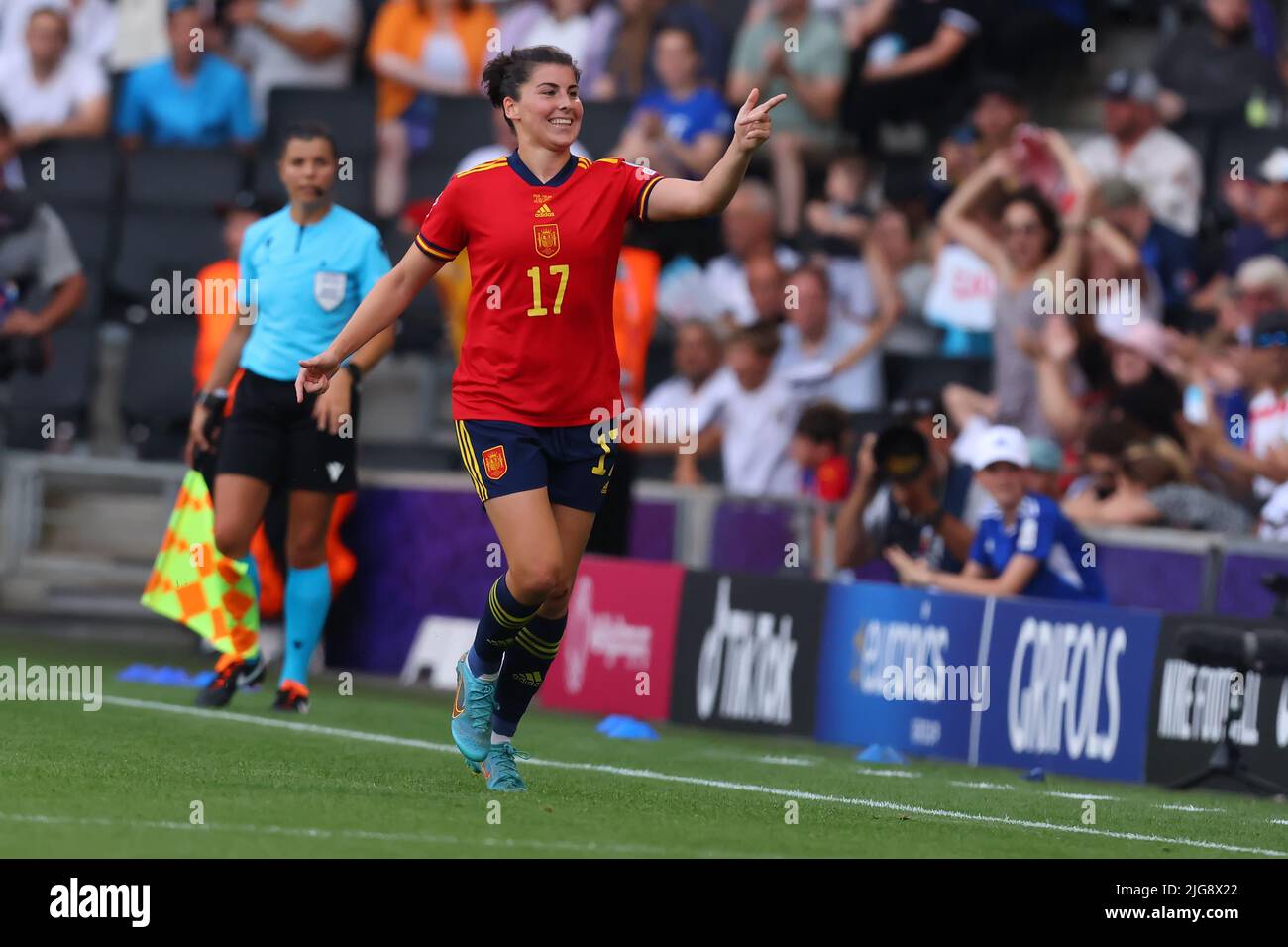 8th July 2022, Stadium MK, Milton Keynes, Bucks, England: Womens European International football tournament; Spain versus Finland: Luc&#xed;a Garc&#xed;a of Spain celebrates after scoring for 3-1 in the 75th minute Credit: Action Plus Sports Images/Alamy Live News Stock Photo