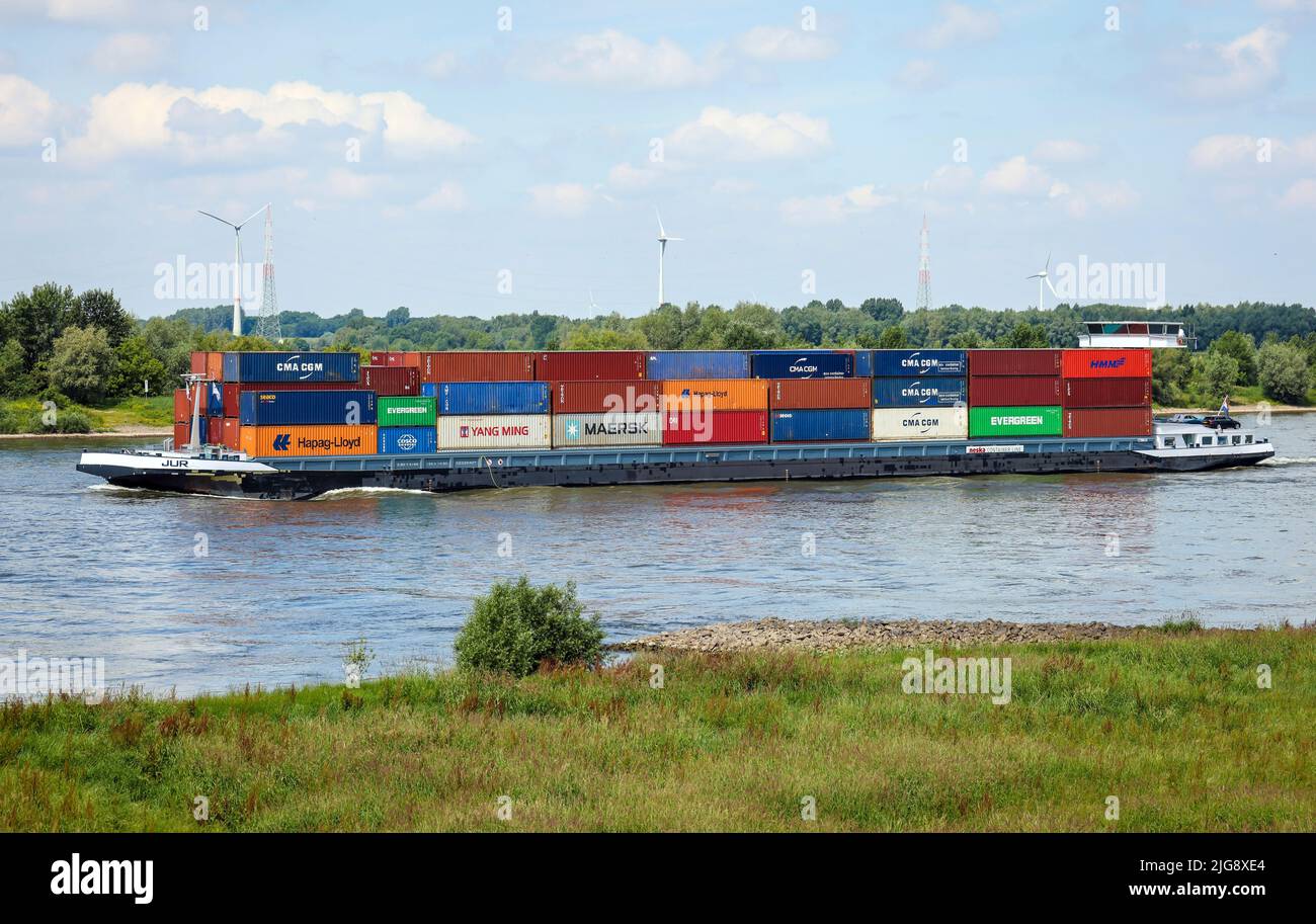 Container ship on the Rhine, Dinslaken, North Rhine-Westphalia, Germany Stock Photo
