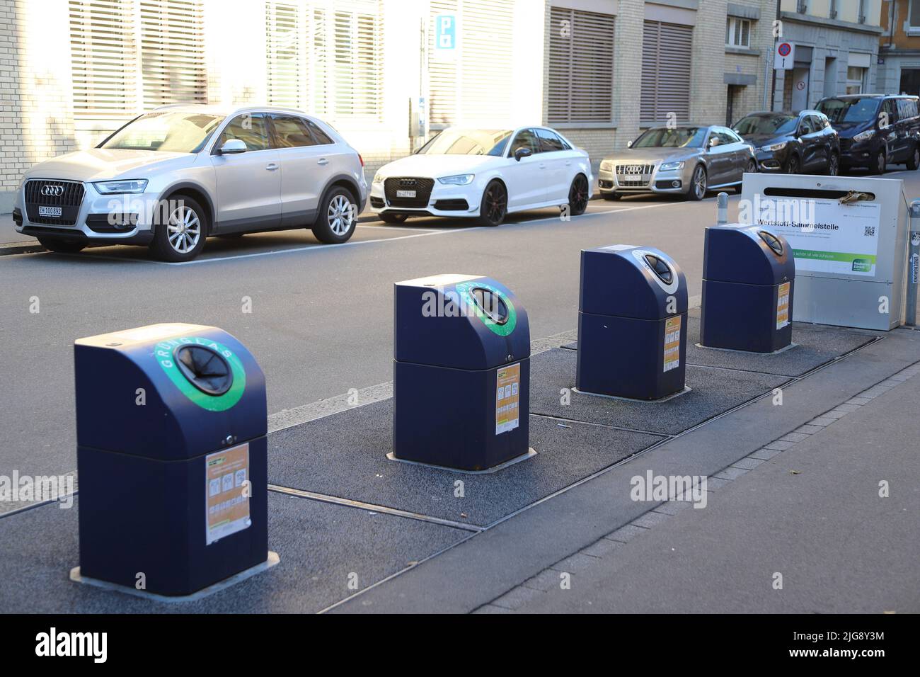 Switzerland, Zurich, street scene, garbage container Stock Photo