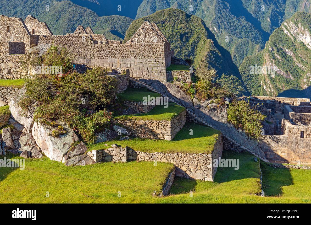 Machu Picchu architecture with stairs, walls, houses and agriculture terraces, Machu Picchu historic Sanctuary, Cusco, Peru. Stock Photo