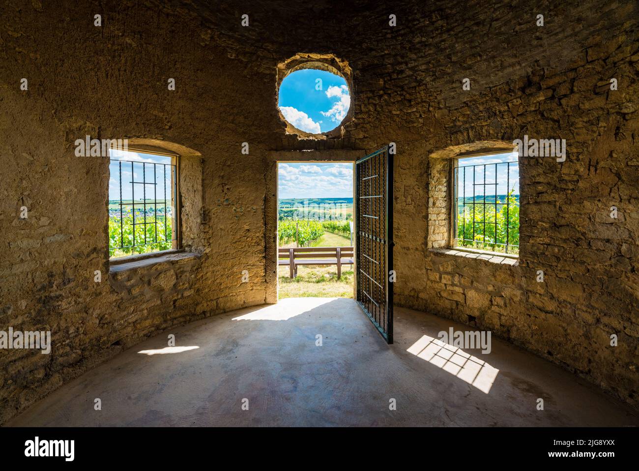 inside the Babo cottage in Rheinhessen, a cottage in the vineyard, so-called trullo, in reference to similar cottages in Apulia, serves as a shelter for the winegrowers in bad weather, Stock Photo