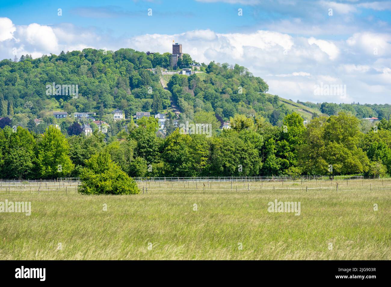 Germany, Baden-Wuerttemberg, Karlsruhe, Durlach, view from the Hub to the Turmberg. Stock Photo