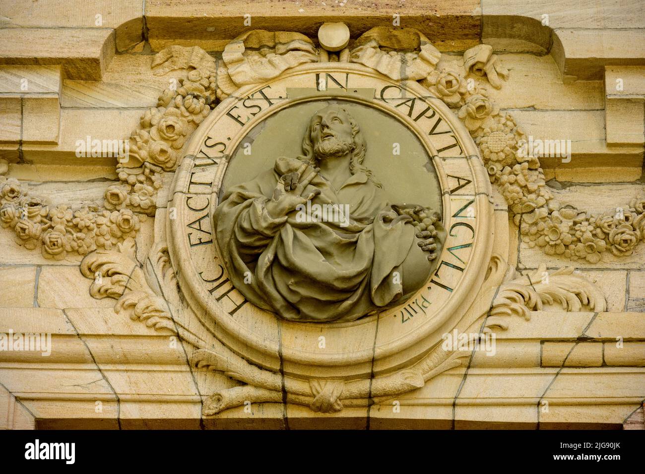Germany, Baden-Württemberg, Black Forest, St. Blasien, Cathedral, oval medallion of the image of Salvator mundi above the main portal. Stock Photo