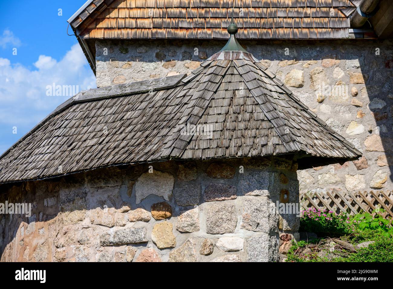 Germany, Baden-Württemberg, Black Forest, shingle roof of St. Nicholas Church Schluchsee (detail). Stock Photo