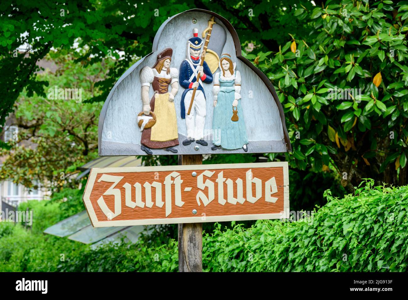 Germany, Baden-Wuerttemberg, Black Forest, Waldshut-Tiengen, signpost of the citizens guild Tiengen. Stock Photo