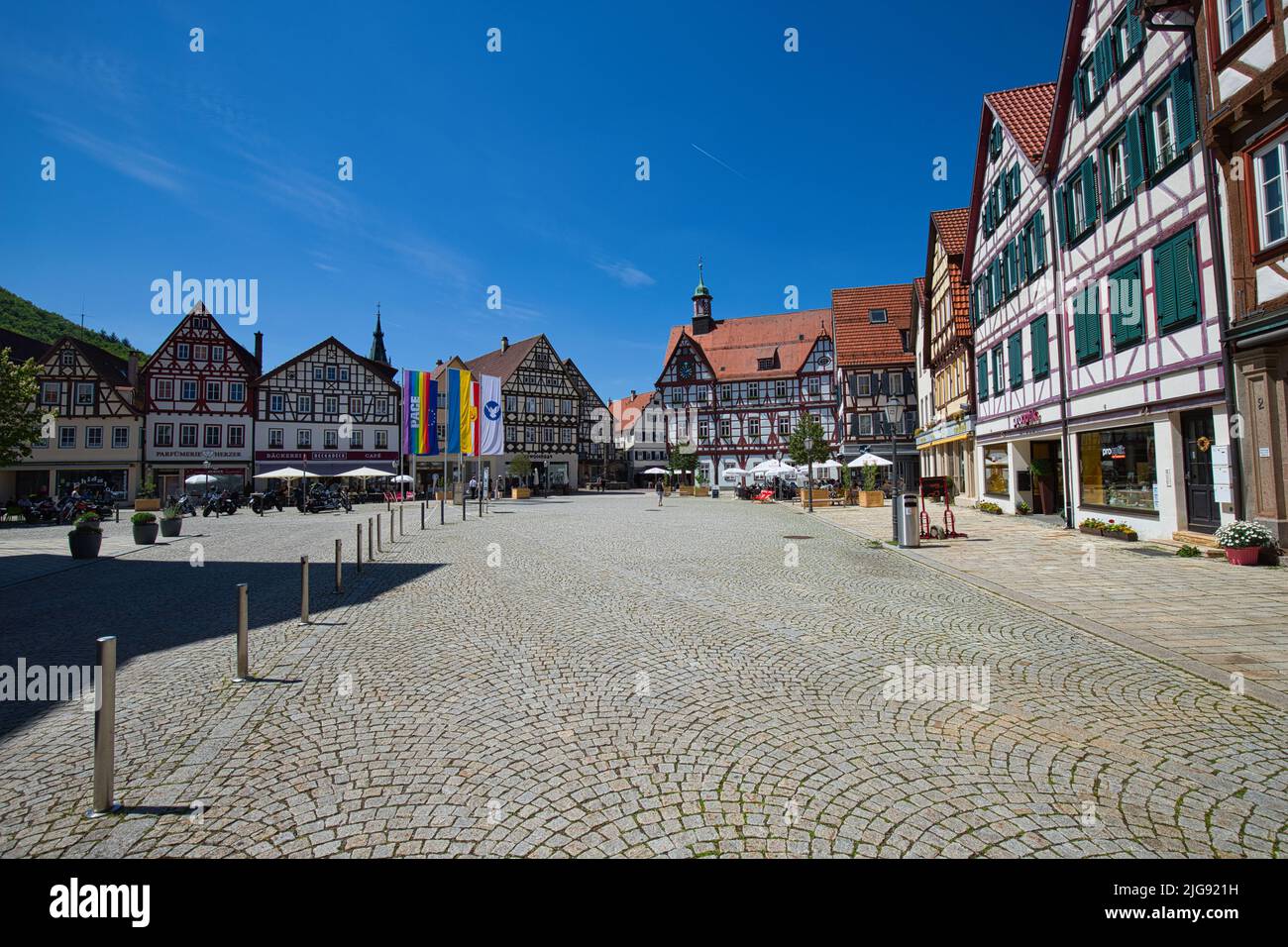 Bad Urach, Baden-Württemberg, Germany - May 15, 2022: The market place of Bad Urach on a sunny day. Stock Photo