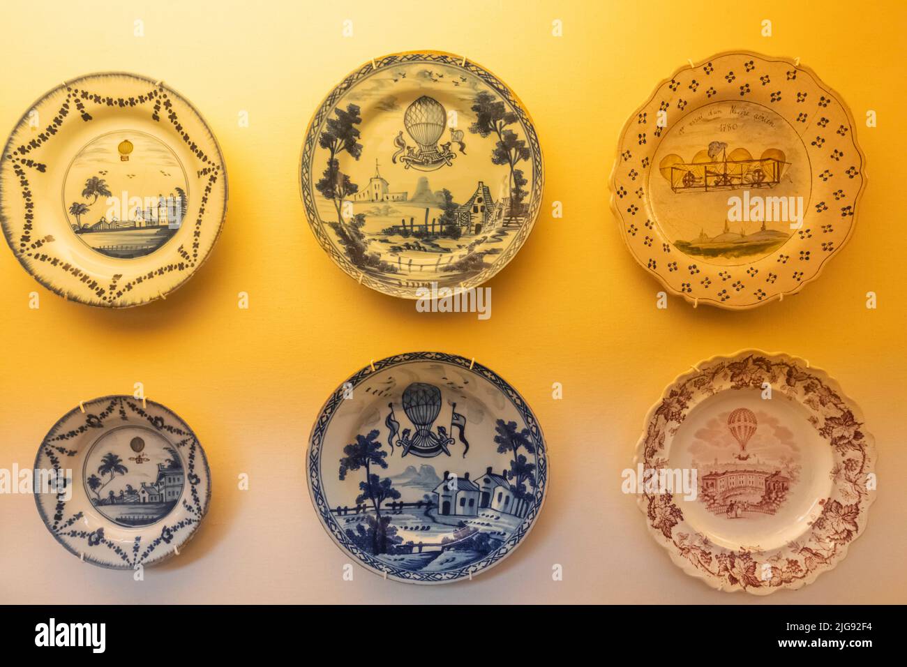 England, London, South Kensington, Science Museum, Display of Plates Commemorating the Early Days of Hot Air Ballooning Stock Photo