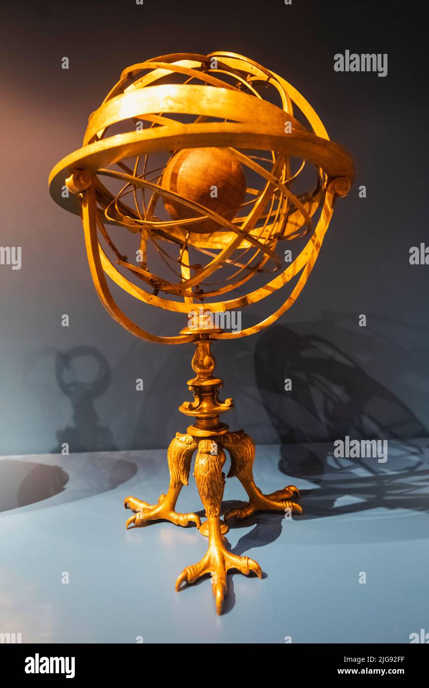 England, London, South Kensington, Science Museum, Exhibit of Historical Italian Armillary Sphere for Astronomical Teaching and Calculation dated 1554 Stock Photo