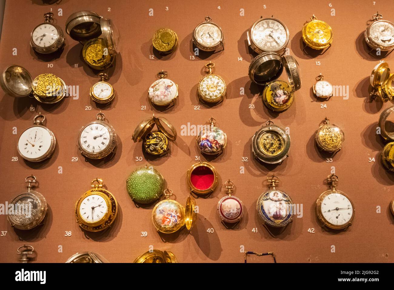 England, London, South Kensington, Science Museum, Display of The Nelthropp Collection of Pocket Watches Stock Photo