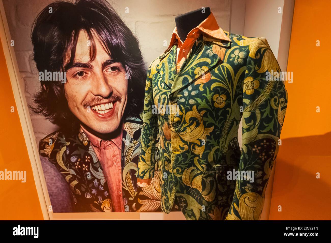 England, London, Southwark, Bermondsey, The Fashion and Textile Museum, Exhibit of 1960's Jacket worn by George Harrison of The Beatles Stock Photo