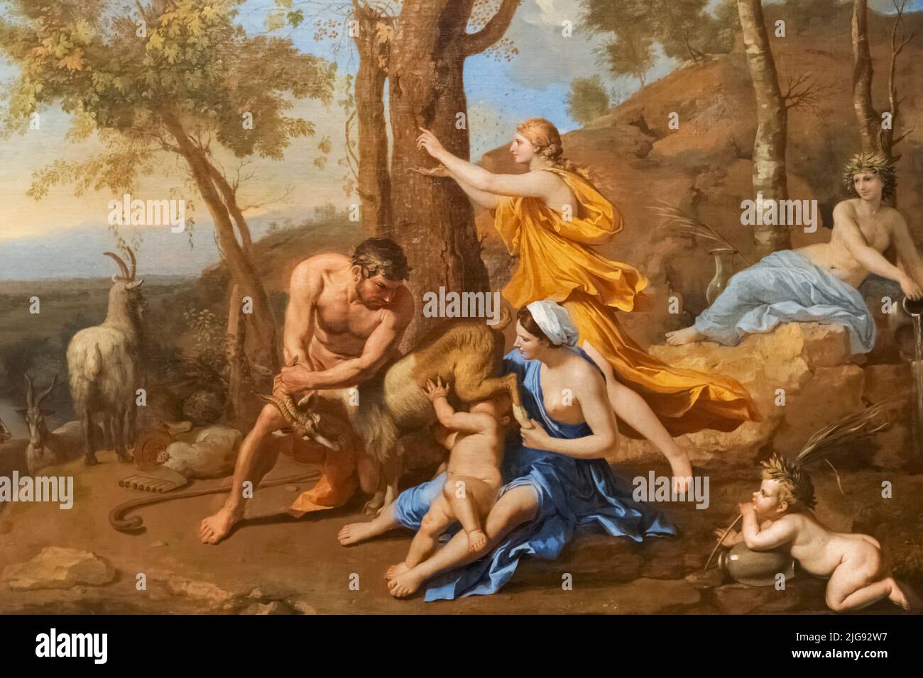 Painting titled 'The Nurture of Jupiter' by Nicolas Poussin dated 1636 Stock Photo