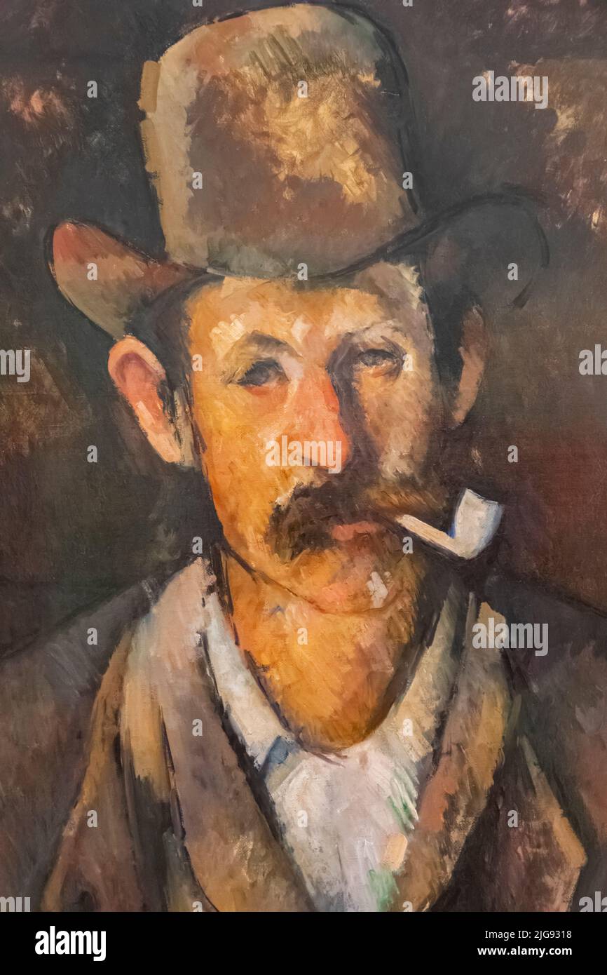 England, London, Somerset House, The Courtauld Gallery, Painting titled "Man with a Pipe" by Paul Cezanne dated 1894 Stock Photo