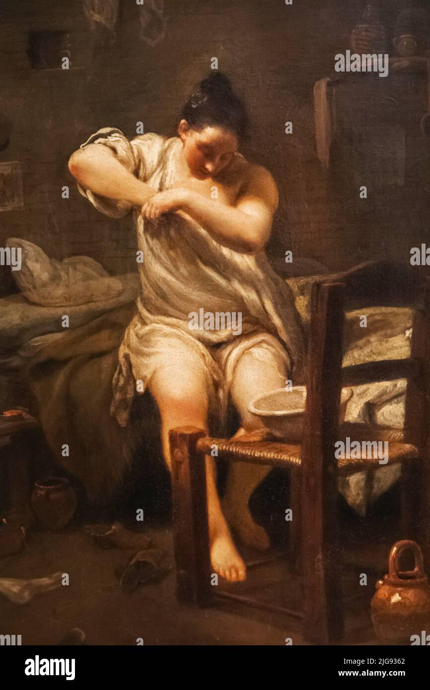 Painting of a Woman Itching Herself titled 'The Flea (La Pulce)' by Italian Artist Giuseppe Maria Crespi dated 1707 Stock Photo