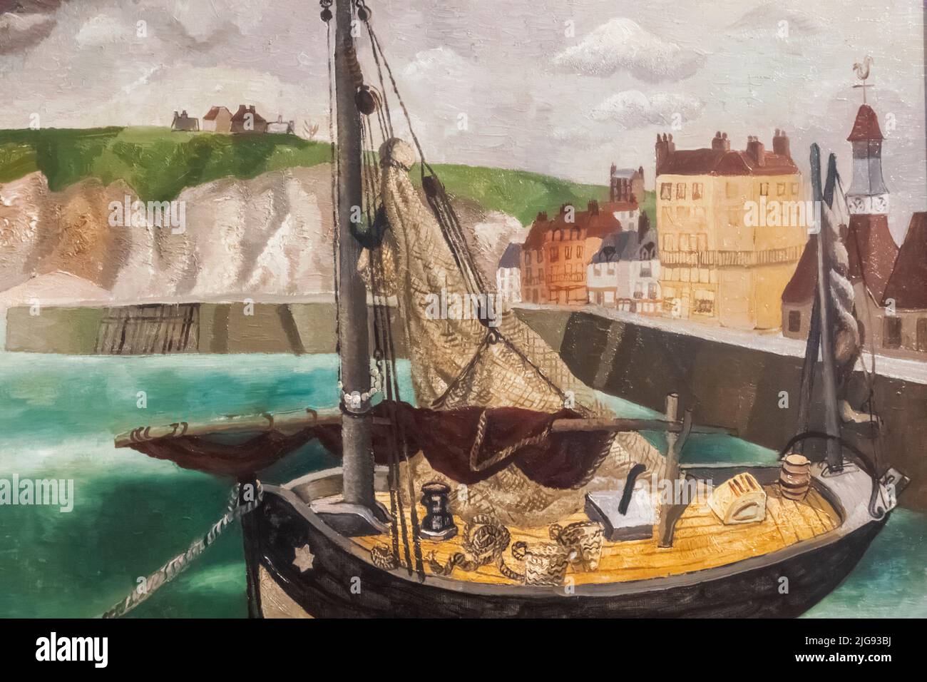 Painting titled 'A Fishing Boat in Dieppe Harbour' by Christopher Wood dated 1929 Stock Photo