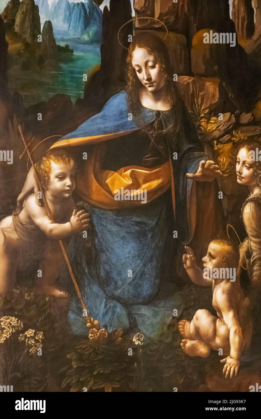 Painting titled 'The Virgin of the Rocks' by Italian Artist Leonardo da Vinci dated about 1491-9 and 1506-8 Stock Photo