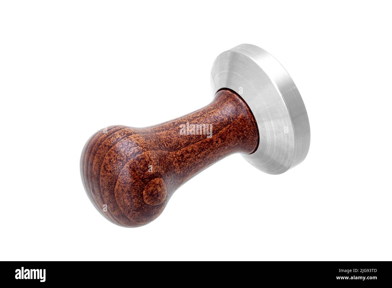 Barista tool coffee tamper with brown wooden handle and stainless still press, object isolated on white. Barman accessory for making coffee tablet, vi Stock Photo