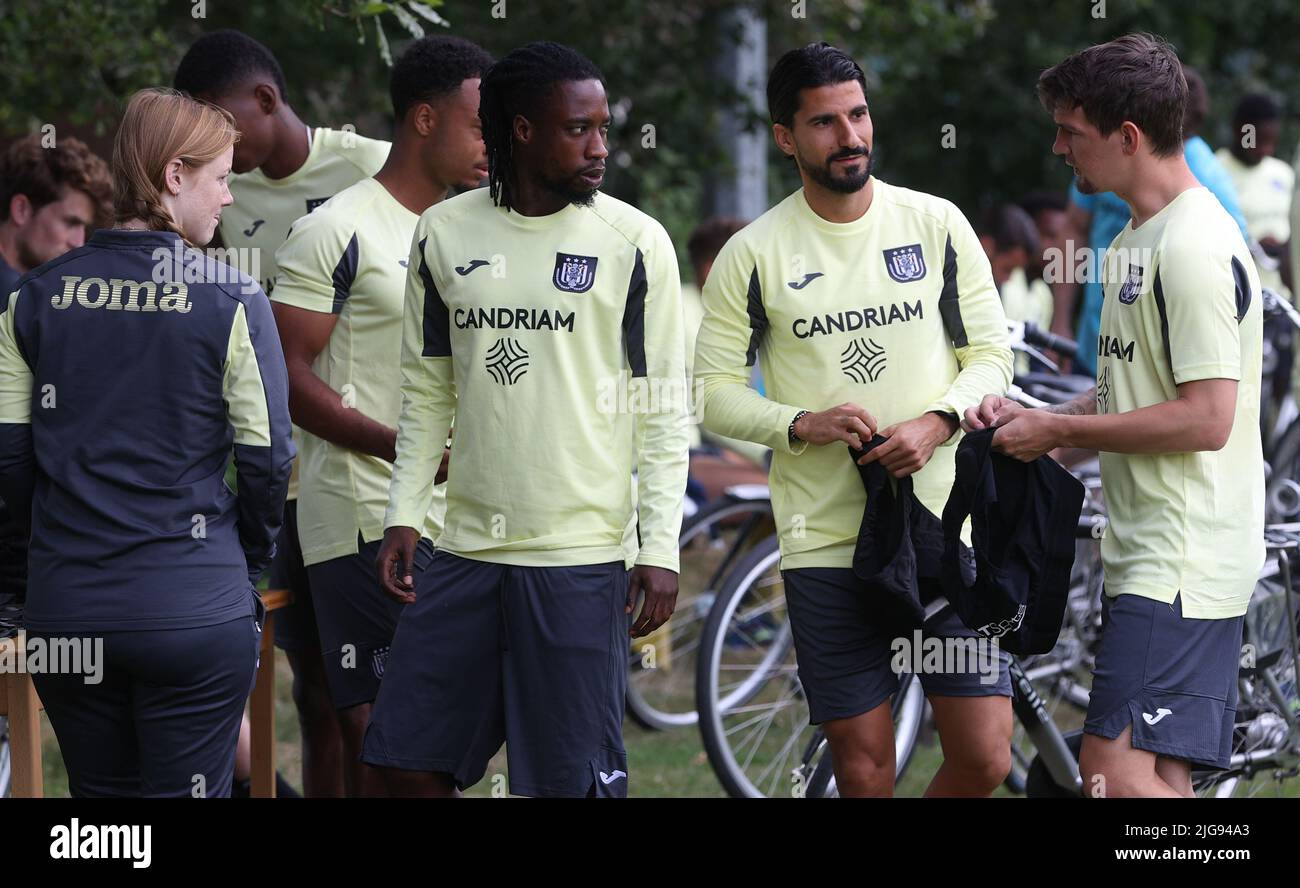 GENK, BELGIUM - JULY 14: Mujaid Sadick of Genk coaches his teammates during  the Club Friendly match between KRC Genk and AZ Alkmaar at Luminus Arena on  July 14, 2021 in Genk