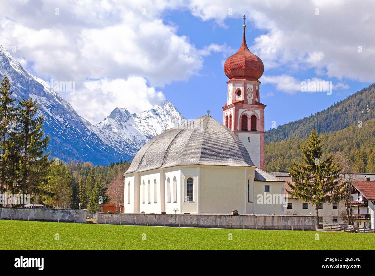 Catholic parish church of St. Mary Magdalene in Leutasch district Kirchplatzl, Tyrol, Austria, Leutasch Valley, Stock Photo