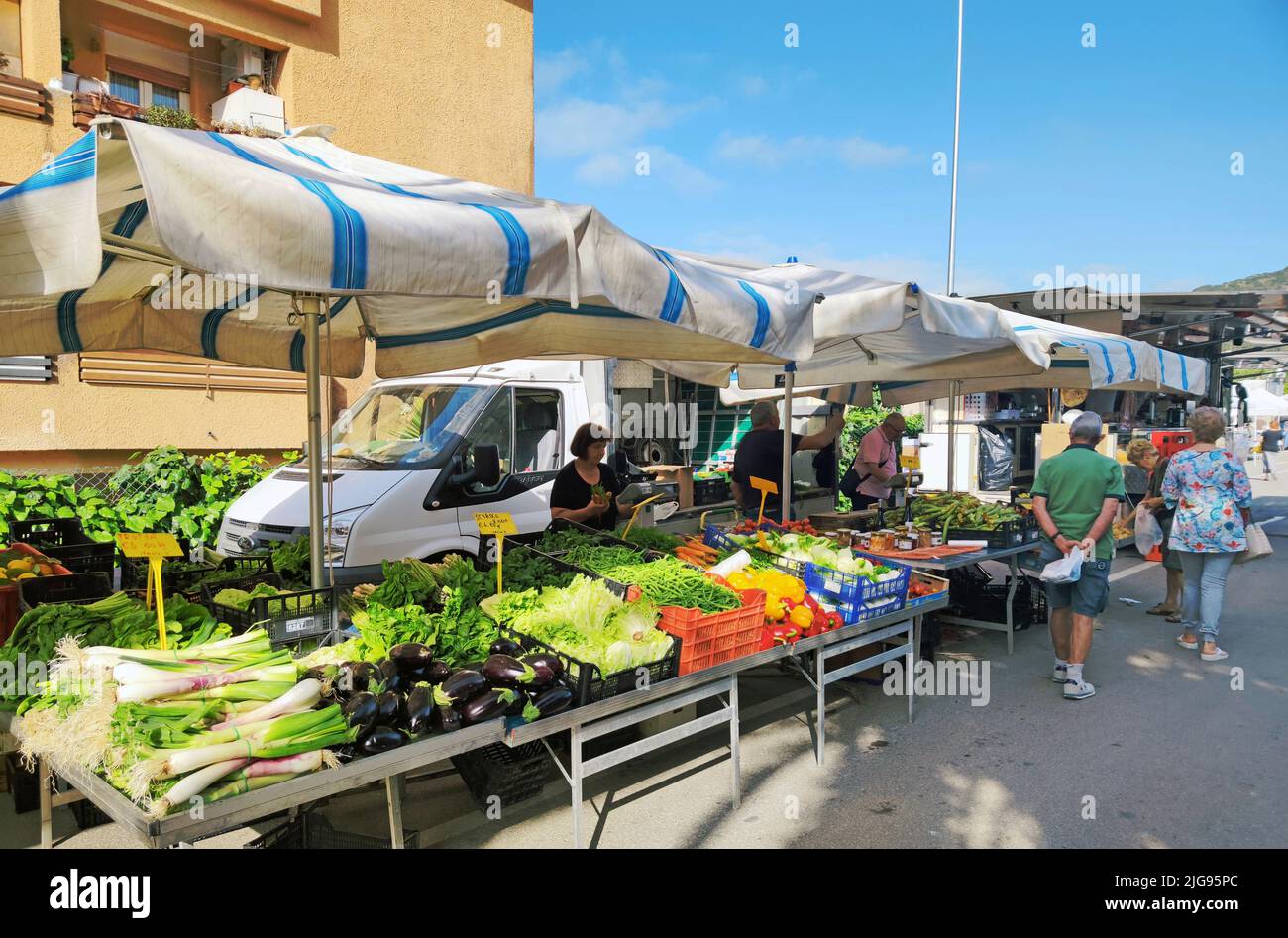 Weekly market in Porto Azzuro on the island of Elba Stock Photo