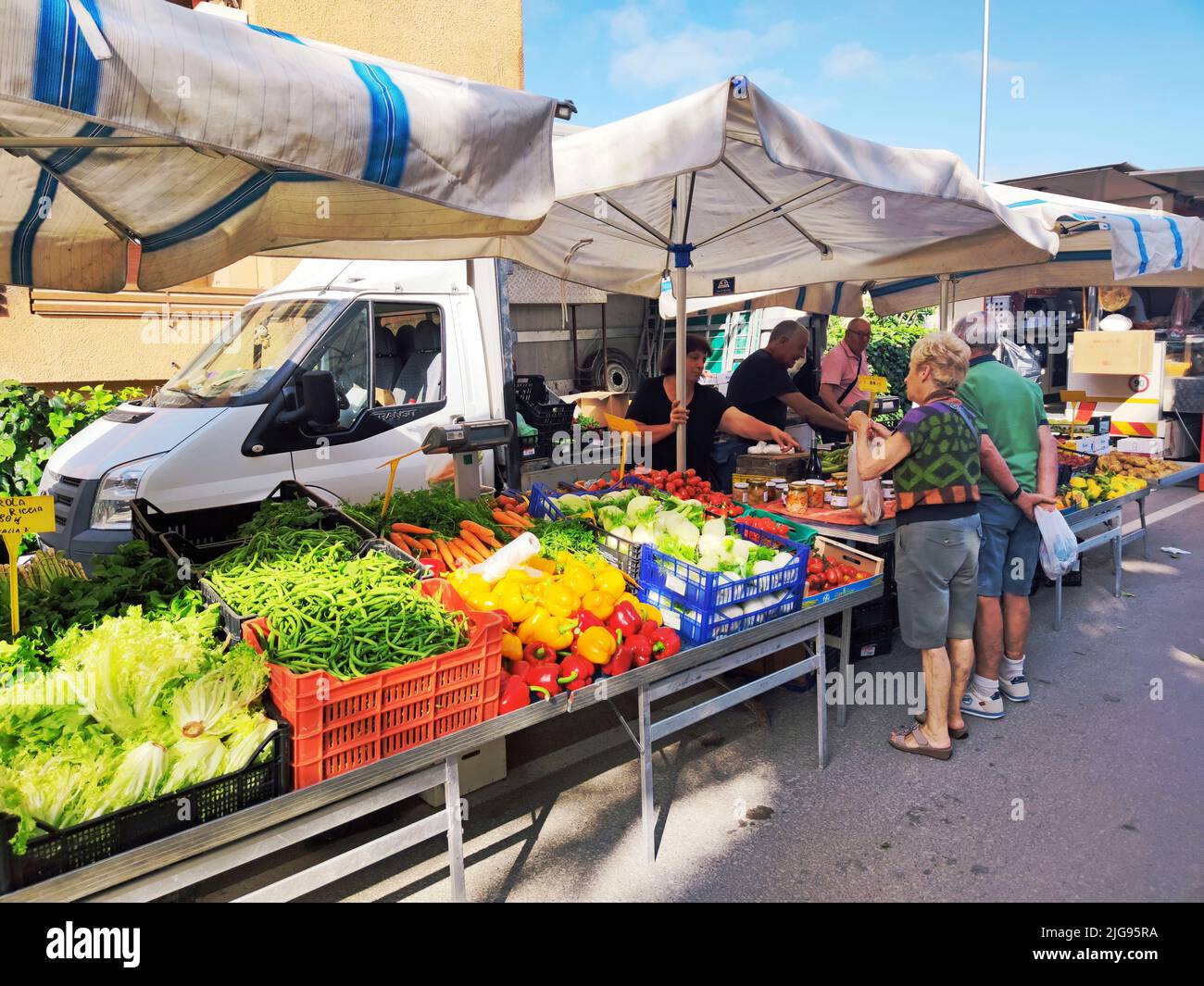 Weekly market in Porto Azzuro on the island of Elba Stock Photo