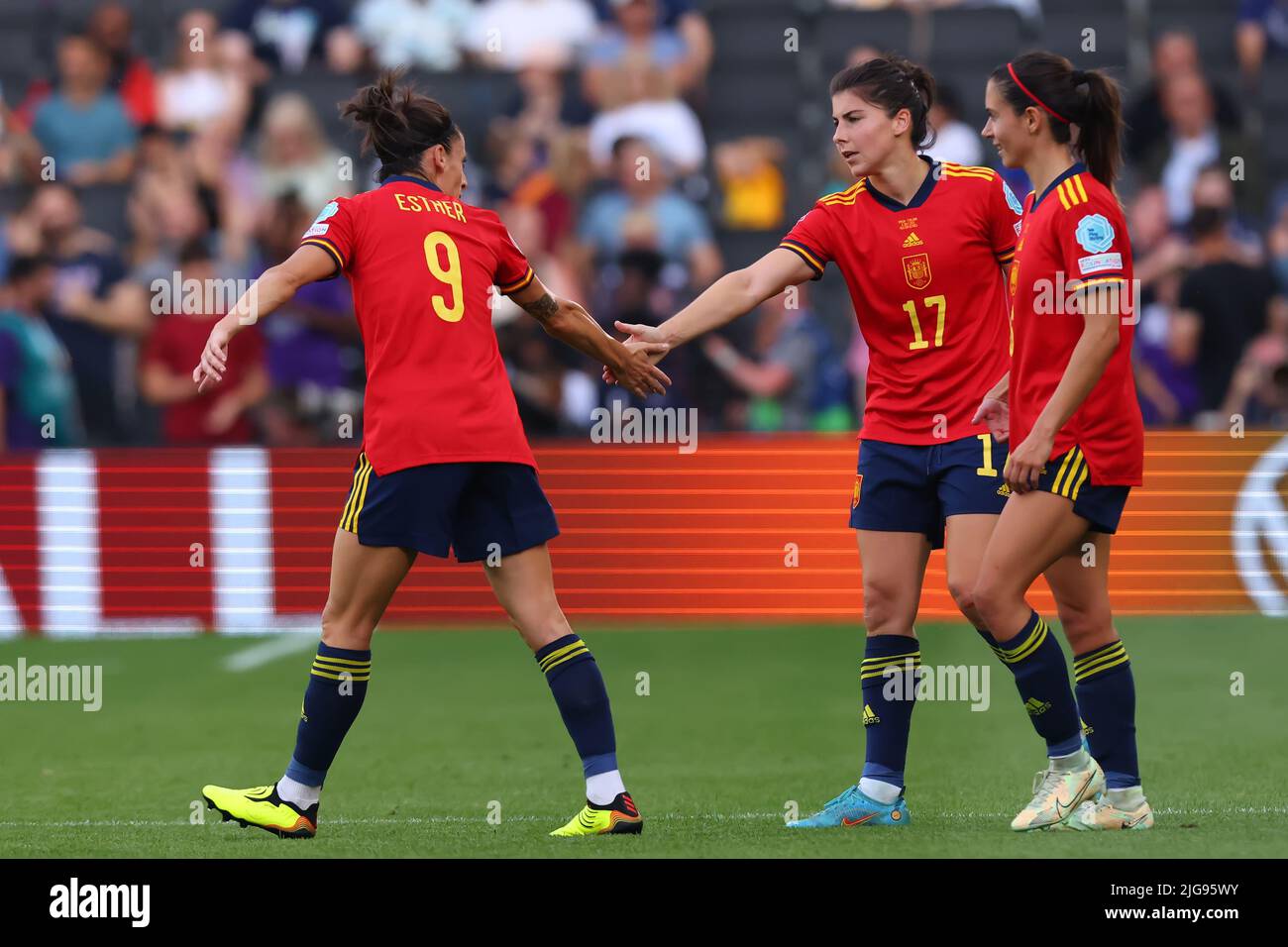 8th July 2022, Stadium MK, Milton Keynes, Bucks, England: Womens European International football tournament; Spain versus Finland: Luc&#xed;a Garc&#xed;a of Spain celebrates her goal for 3-1 with Esther Gonzalez Credit: Action Plus Sports Images/Alamy Live News Stock Photo