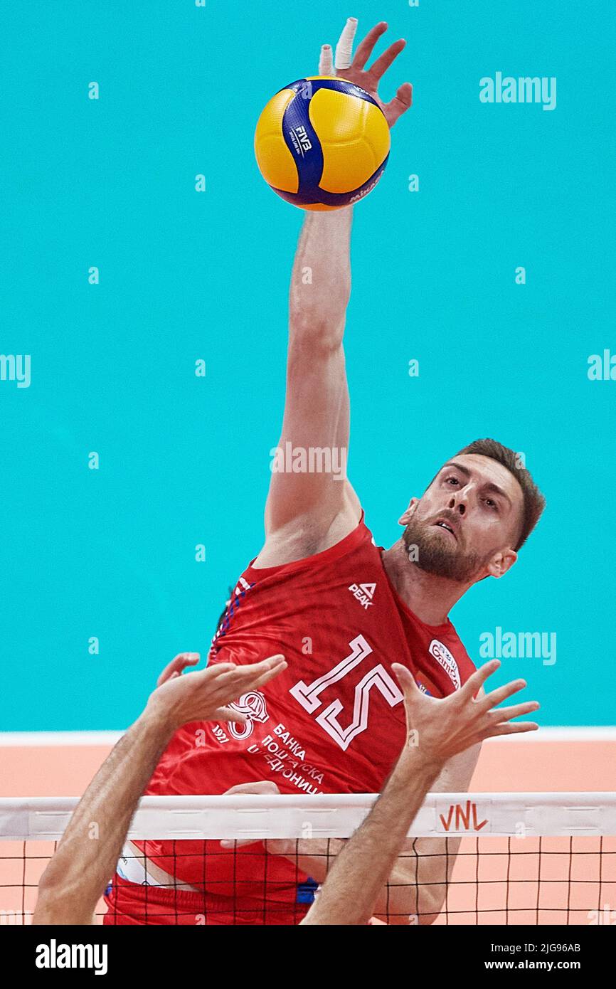 Gdansk, Poland. 08th July, 2022. Nemanja Masulovic from Serbia in action during the 2022 men's FIVB Volleyball Nations League match between Italy and Serbia in Gdansk, Poland, 08 July 2022. Credit: PAP/Alamy Live News Stock Photo