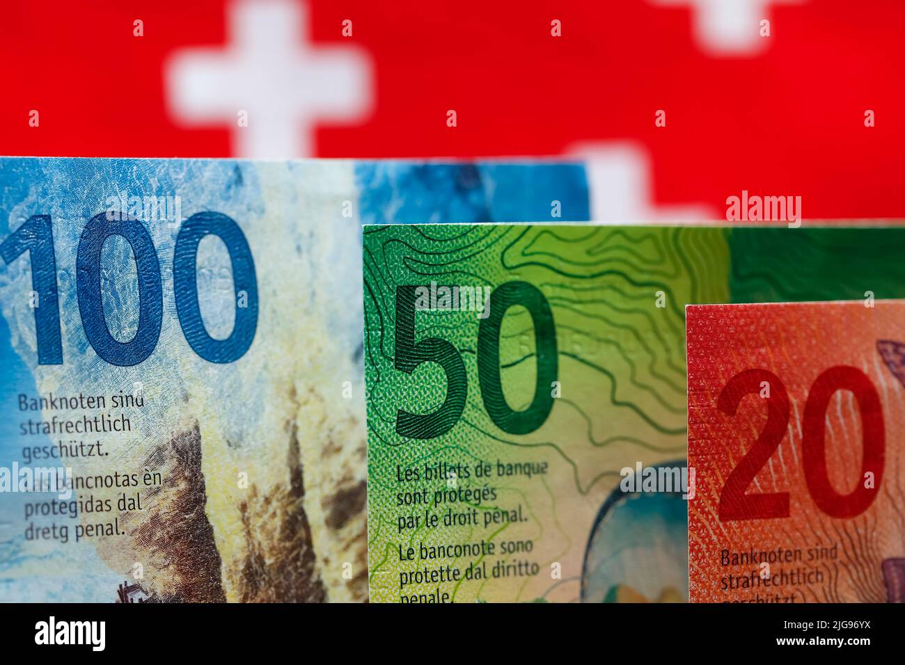 Here are three Swiss banknotes of various denominations. These new banknotes are the eighth series of banknotes which were introduced between 2016 and Stock Photo