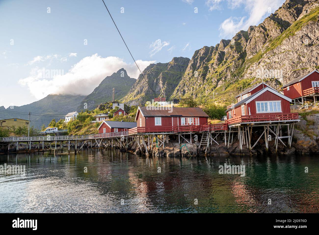 Red fishermen's huts rorbu, Å, Moskenes village, Lofoten Islands, Norway Stock Photo
