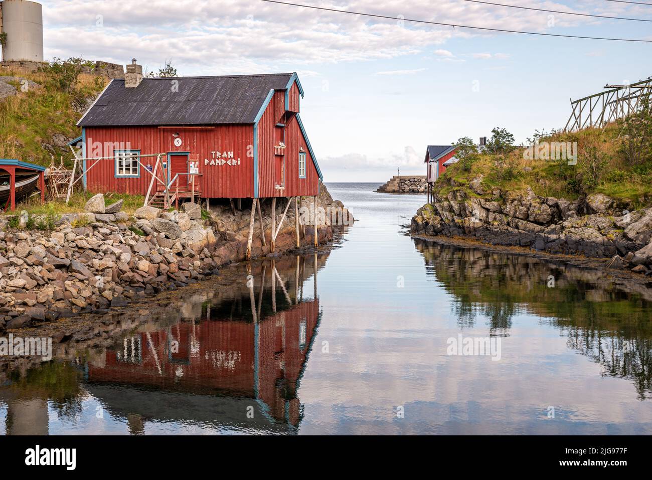 Red fishermen's huts rorbu, Å, Moskenes village, Lofoten Islands, Norway Stock Photo