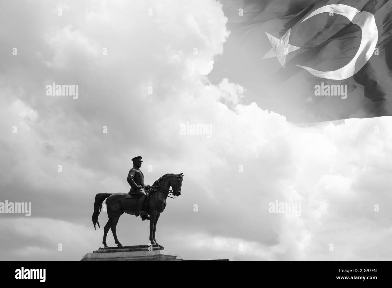10th november memorial day of Ataturk background photo. 10 Kasim black and white concept photo with Turkish flag and statue of Ataturk. Stock Photo