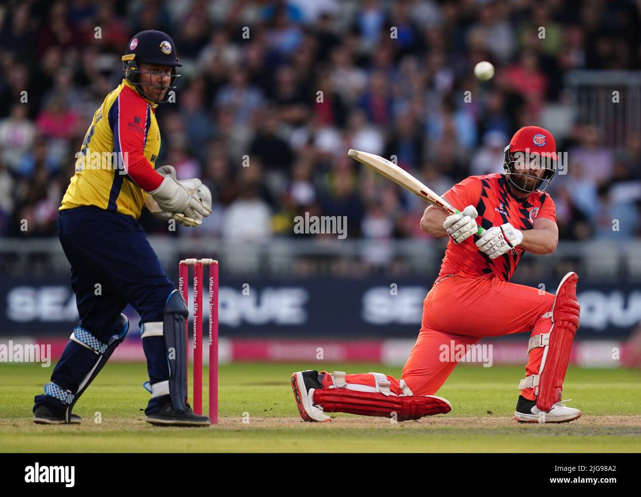 Lancashire's Steven Croft reverse sweeps during the Vitality Blast T20