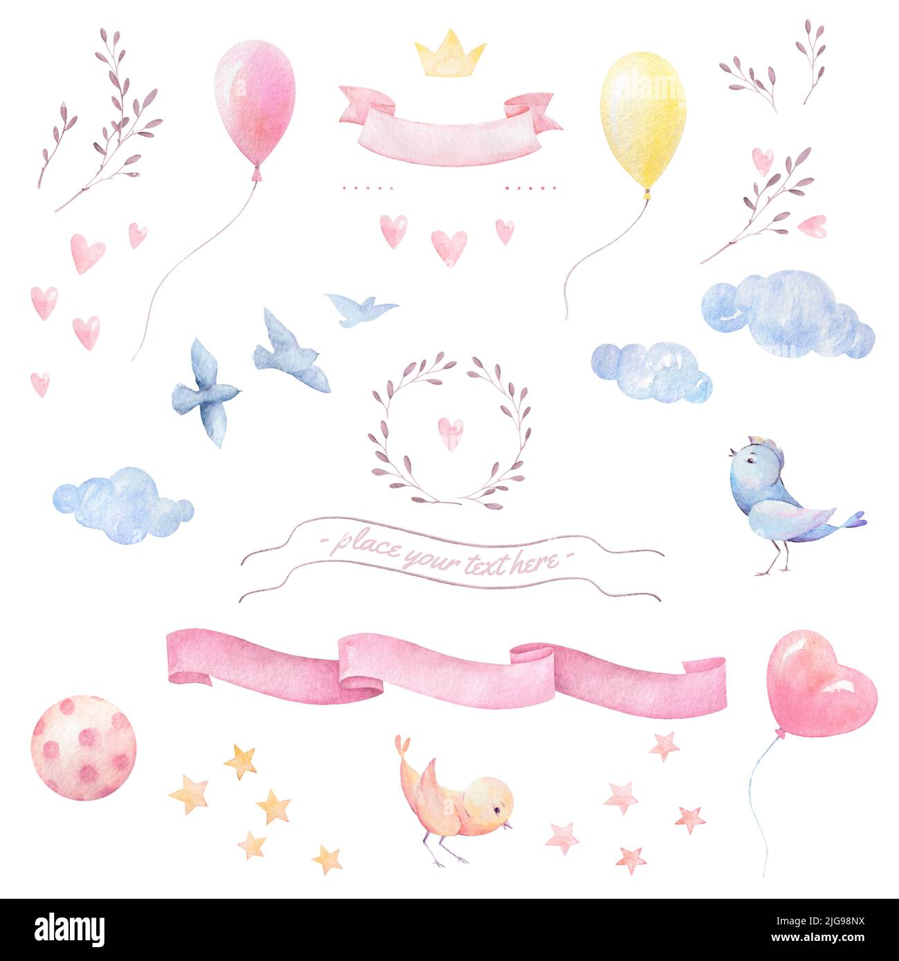 Baby shower girl watercolor clipart. Birds, hearts, branches, ribbons
