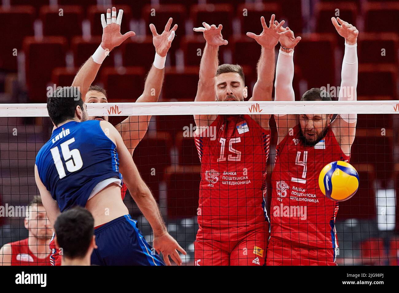 Gdansk, Poland. 08th July, 2022. Daniele Lavia (L) and Nemanja Petric (R) from Italy in action against Nemanja Masulovic (2R) from Serbia during the 2022 men's FIVB Volleyball Nations League match between Italy and Serbia in Gdansk, Poland, 08 July 2022. Credit: PAP/Alamy Live News Stock Photo