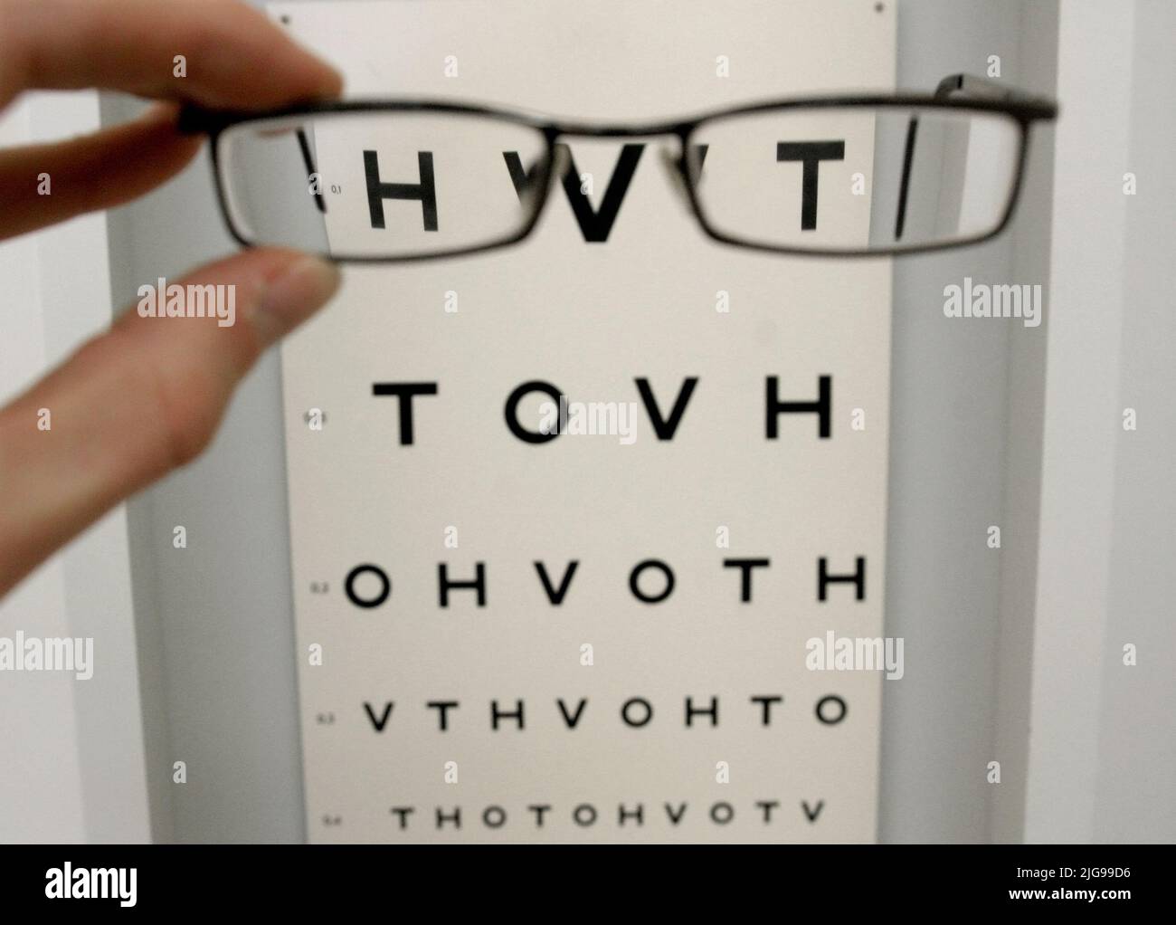 A health center. An eye chart, or optotype, is a chart used to subjectively measure visual acuity. Stock Photo