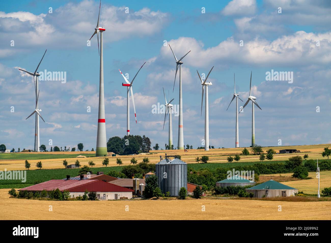 Wind farm northwest of Lichtenau, East Westphalia-Lippe, farm with biogas plant, NRW, Germany, Stock Photo