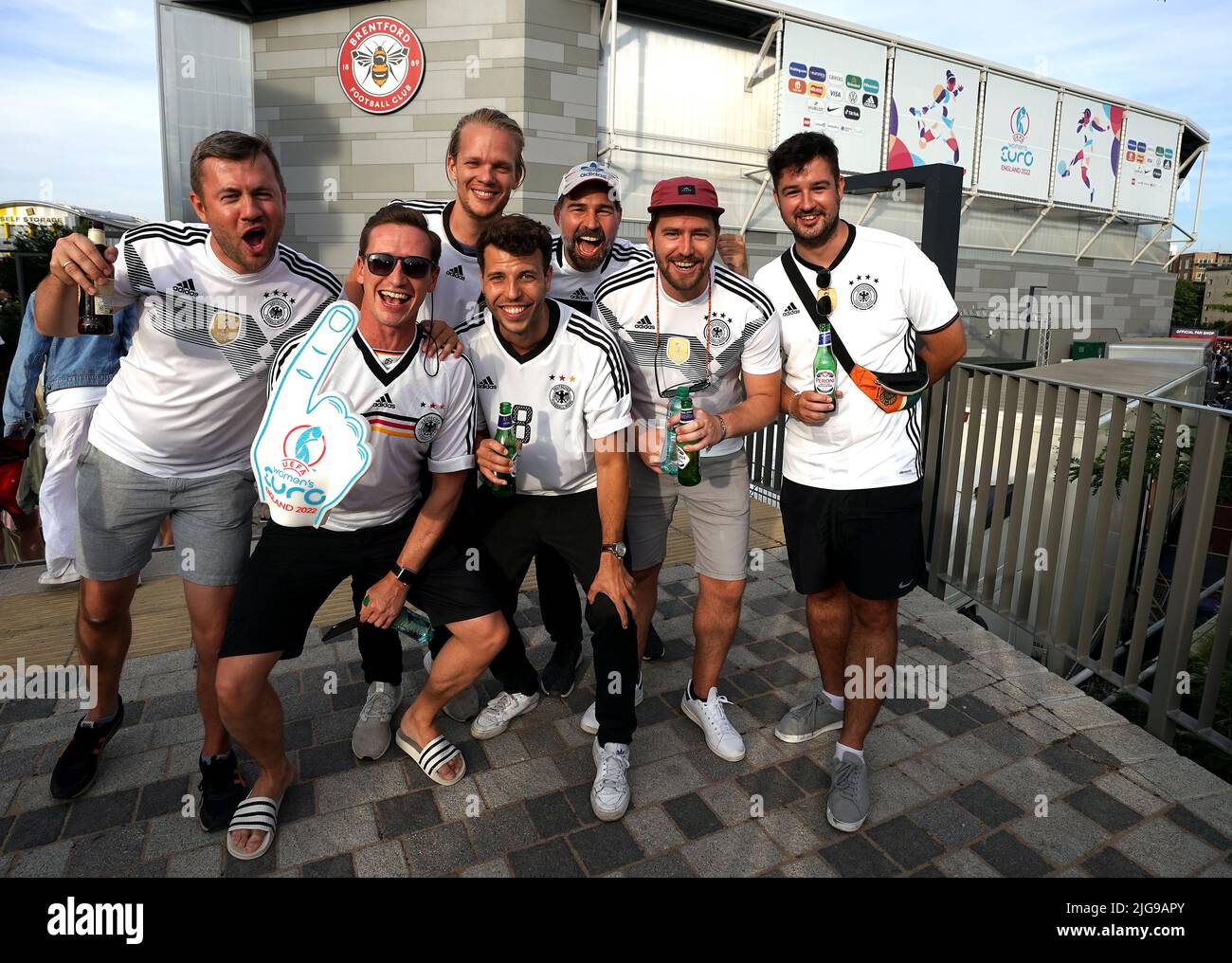 Germany fans outside the stadium before the UEFA Women's Euro 2022 Group B match at Brentford Community Stadium, London. Picture date: Friday July 8, 2022. Stock Photo