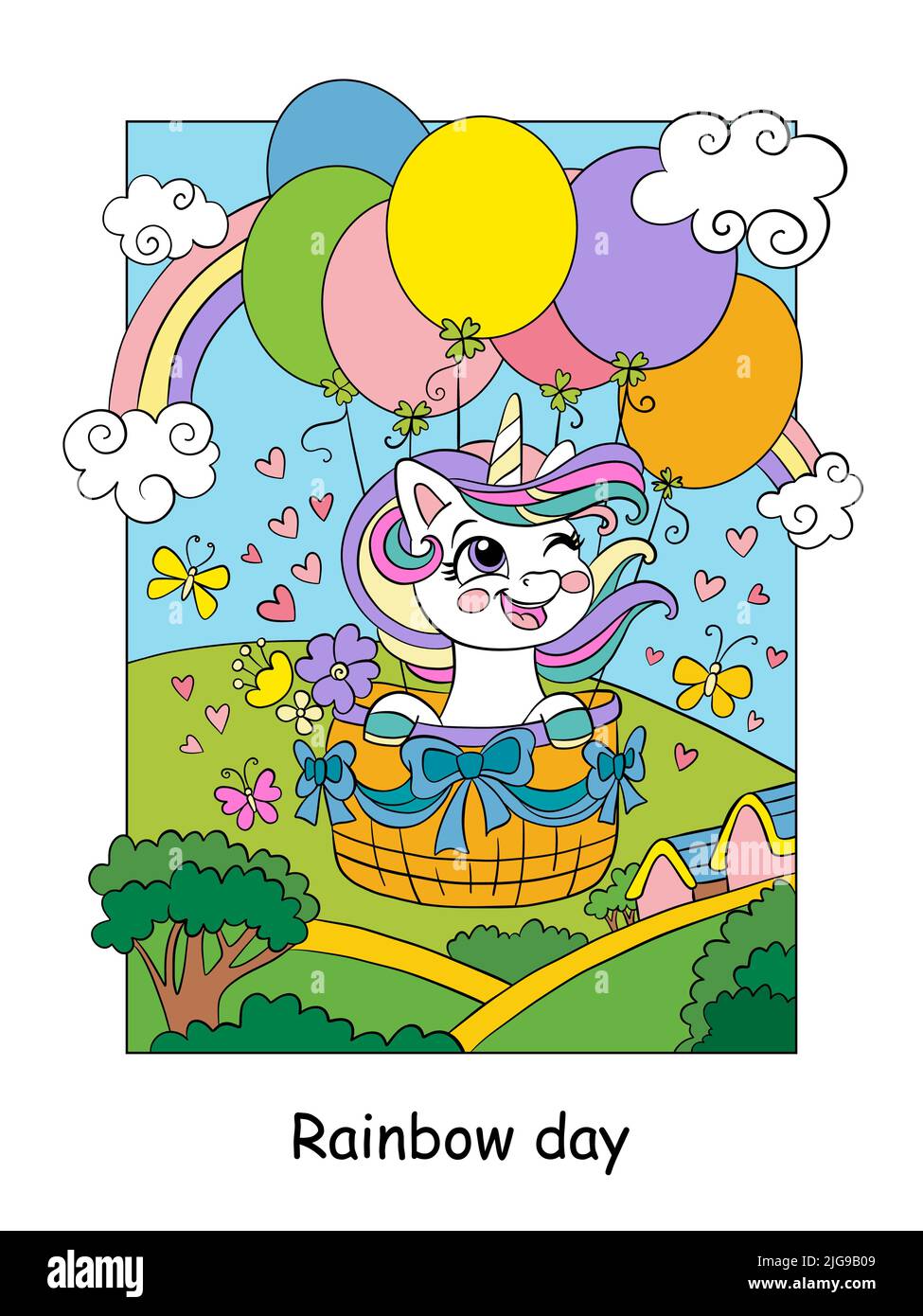 Cute unicorn flying on air balloons. Vector colorful cartoon ...