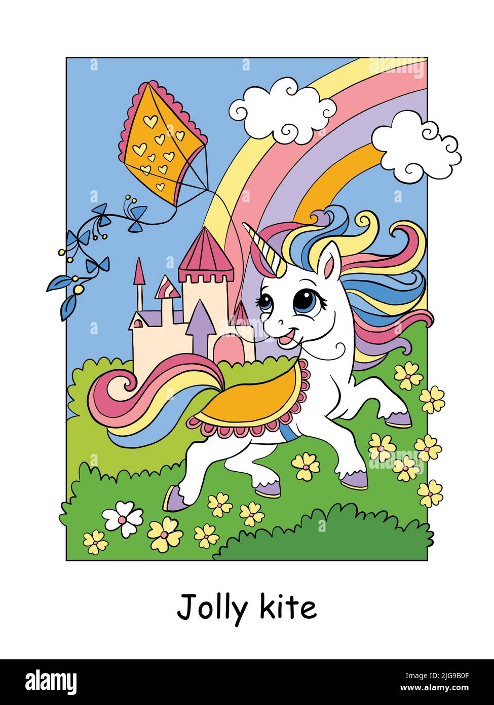Cute summer unicorn with kite. Vector colorful cartoon illustration ...