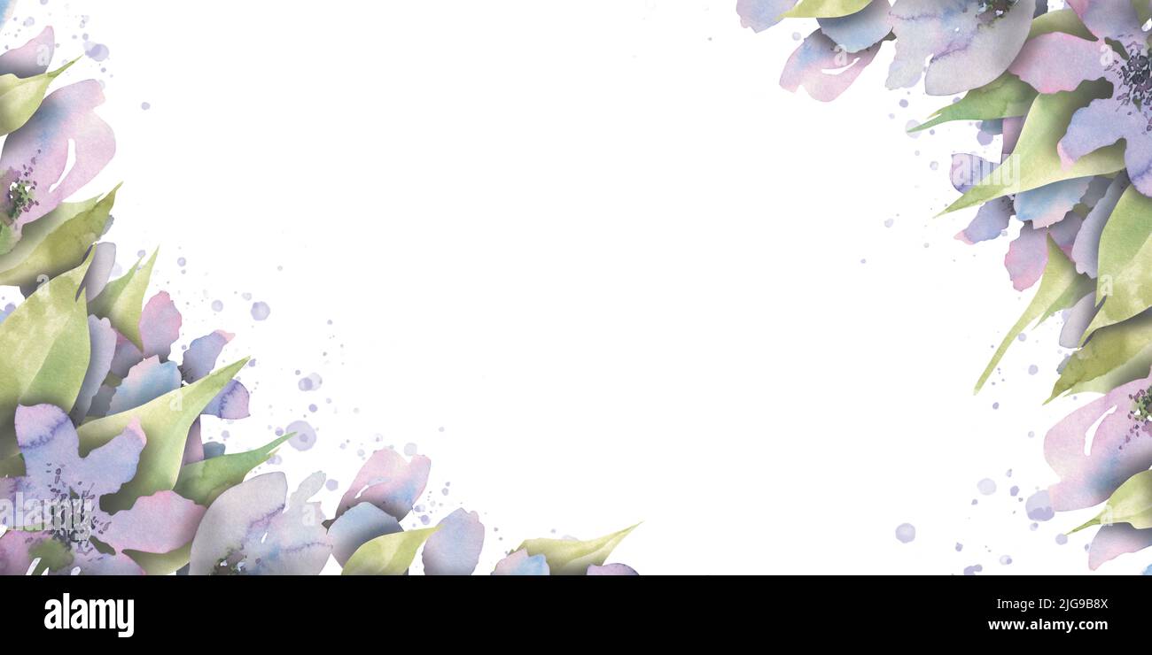 Horizontal frame made of delicate purple flowers. Watercolor illustration. For registration and