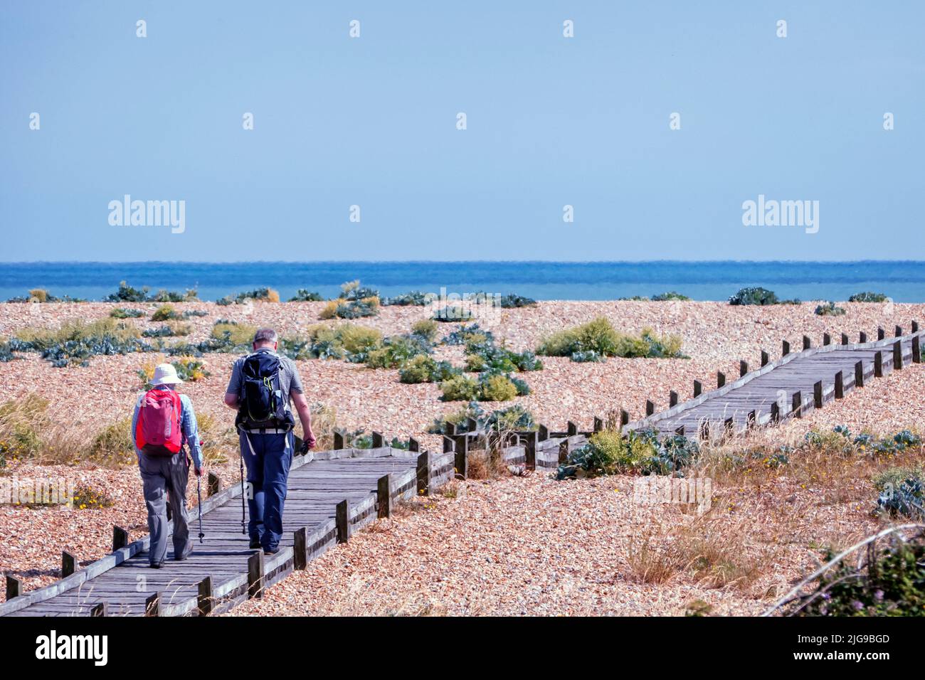 Walkers on the boardwalk at Dungeness estate Kent UK Stock Photo