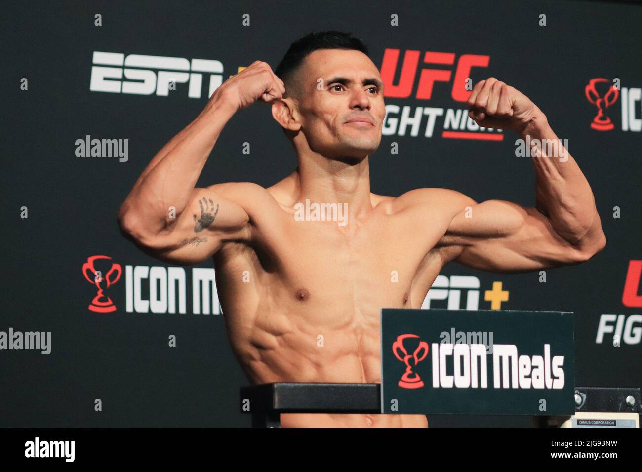 LAS VEGAS, NV - JULY 8: Douglas Silva de Andrade poses on the scale during the UFC Fight Night: Dos Anjos v Fiziev Weigh-in at UFC Apex on July 8, 2022 in Las Vegas, Nevada, United States. (Photo by Diego Ribas/PxImages) Credit: Px Images/Alamy Live News Stock Photo