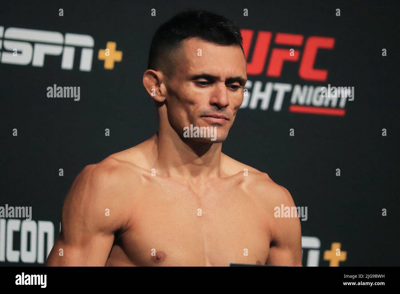 LAS VEGAS, NV - JULY 8: Douglas Silva de Andrade poses on the scale during the UFC Fight Night: Dos Anjos v Fiziev Weigh-in at UFC Apex on July 8, 2022 in Las Vegas, Nevada, United States. (Photo by Diego Ribas/PxImages) Credit: Px Images/Alamy Live News Stock Photo
