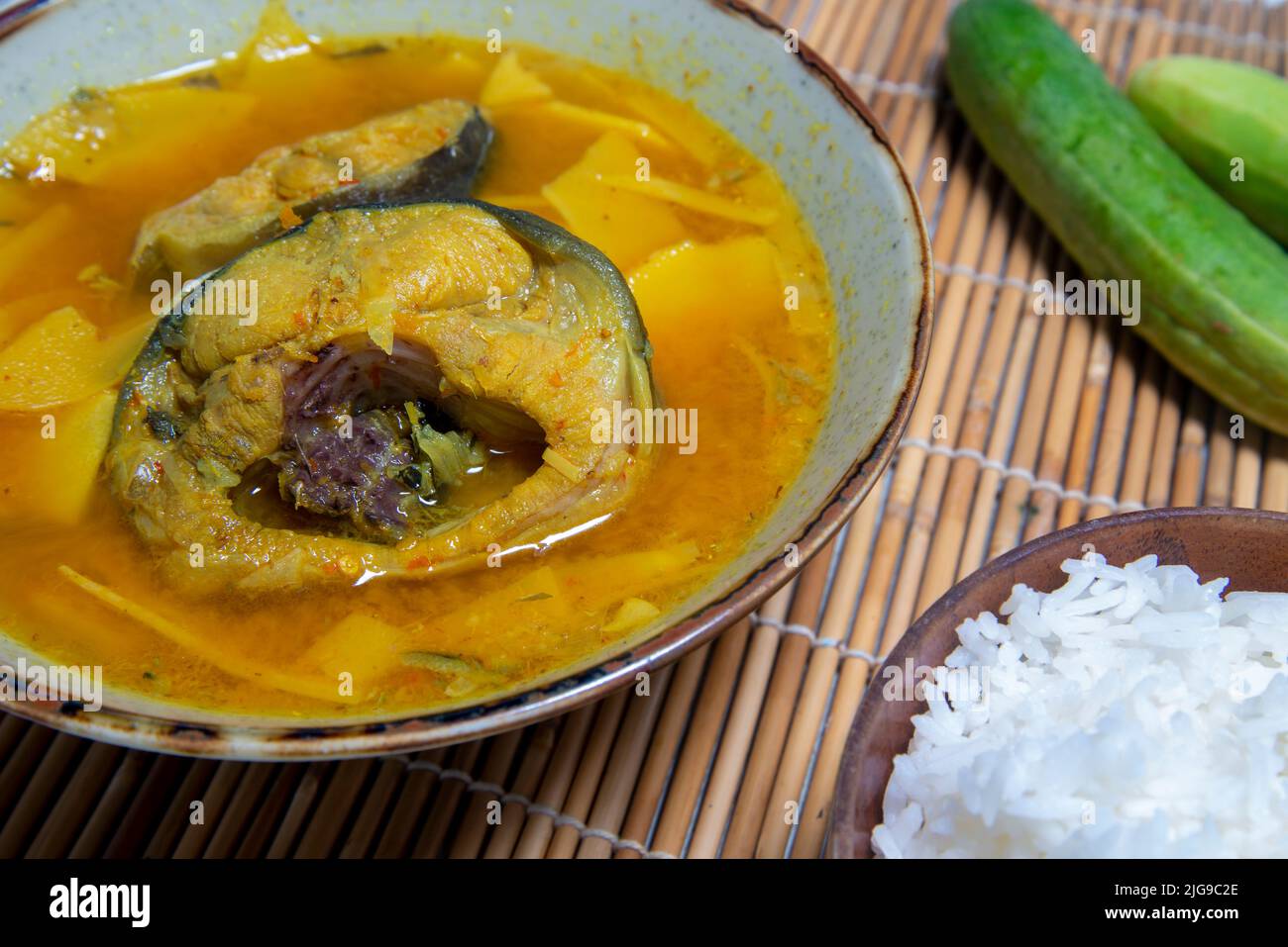 Southern Thai Gaeng Som - Sour catfish soup with bamboo shoots, spicy 