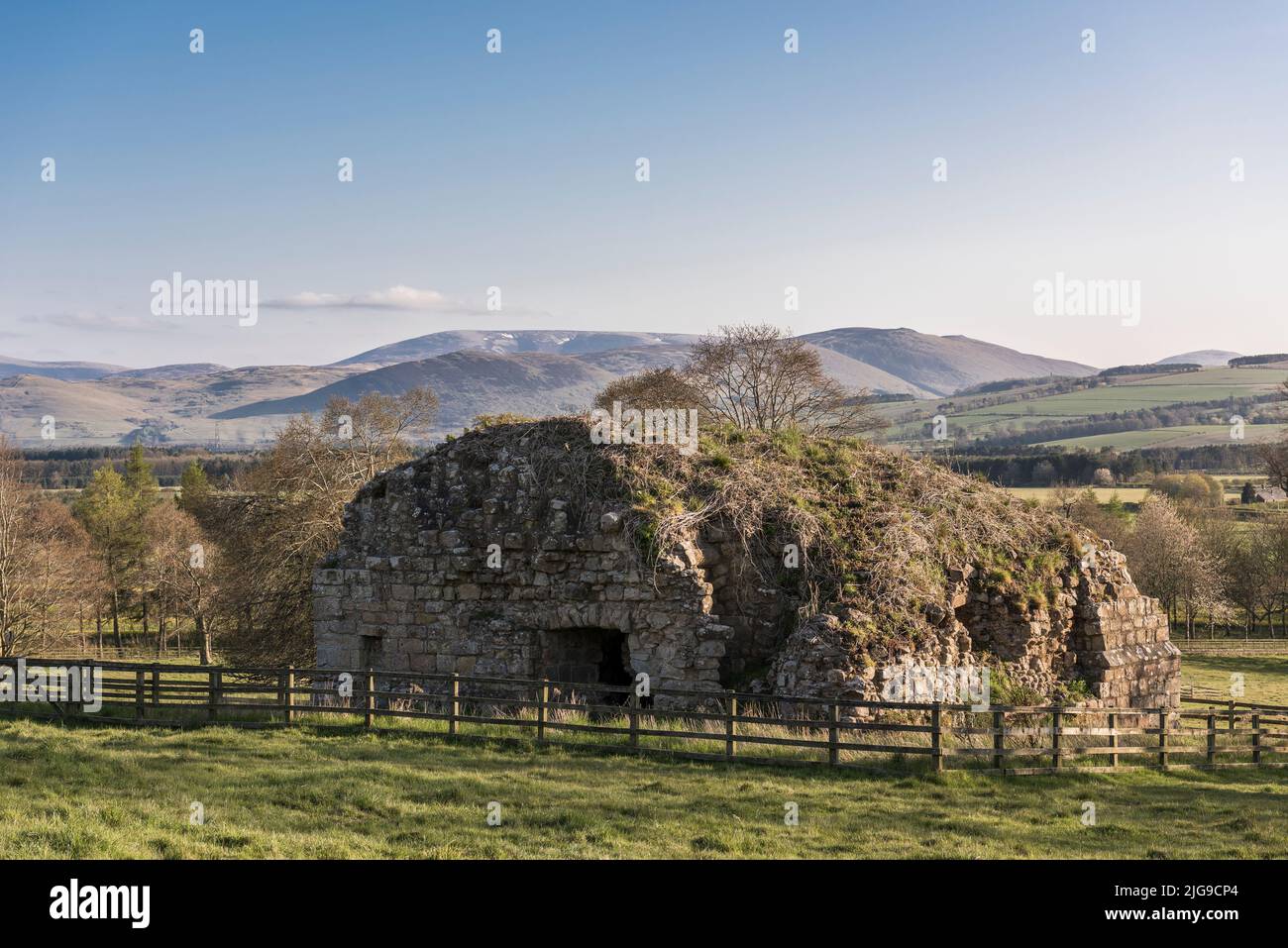 Parson's Tower ruin near Ford Castle in warm early evening light; clear blue sky, open borderland countryside and The Cheviot hill in the background Stock Photo